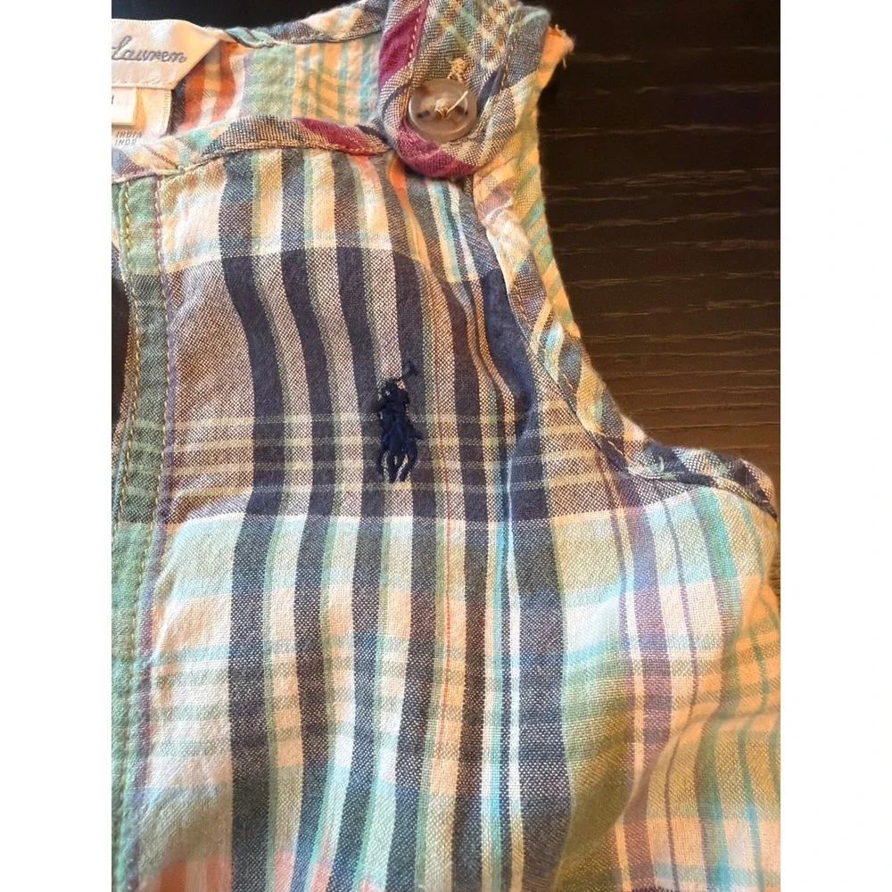 Ralph Lauren Romper Multicolored Patchwork Madras Plaid Shortall Set 9M 2pc